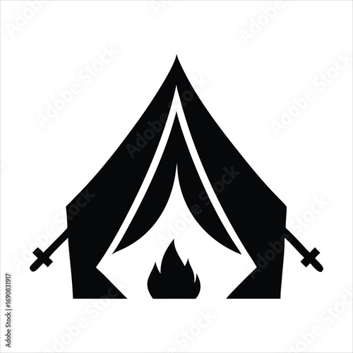 Black silhouette of a camping tent with a campfire inside
