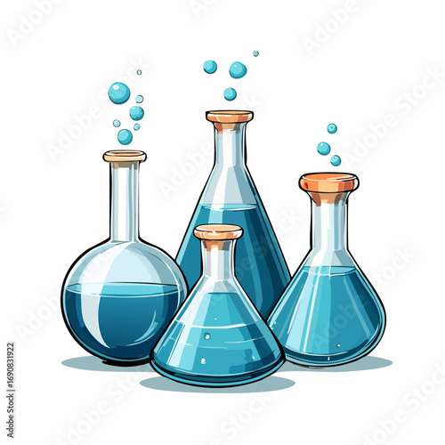 Scientific laboratory flasks filled with blue liquid, symbolizing chemistry and research in a clean, bright setting
