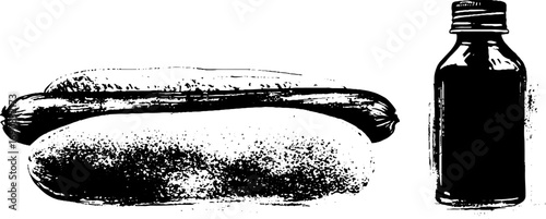 Grunge black and white hot dog and sauce bottle sketch for vintage urban design