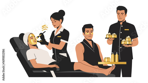 Skilled professionals providing advanced facial treatments and beauty products to clients in a modern upscale spa or clinic setting