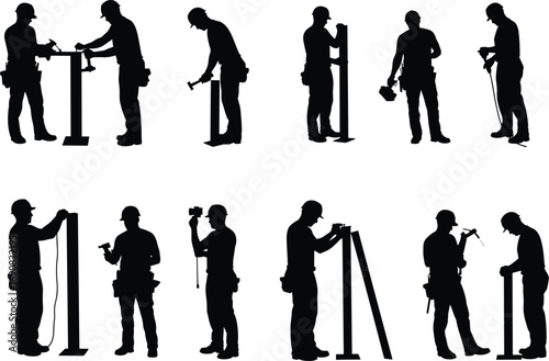 Construction workers silhouette set, using tools, drilling, measuring, nailing, working on site, industrial labor, teamwork, black vector illustration, isolated, builder equipment action