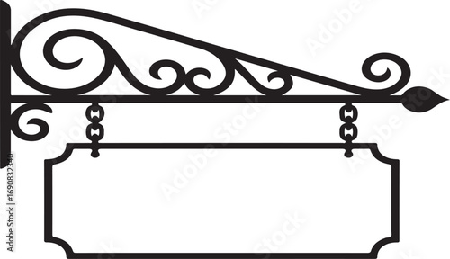 Ornate wrought iron hanging sign bracket with blank plaque blank sign