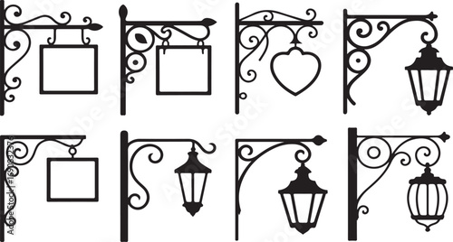 Ornate wrought iron signs and lanterns hanging signs street lamps