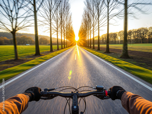 Riding a bicycle on a clean road at sunset, first-person perspective with soft lighting