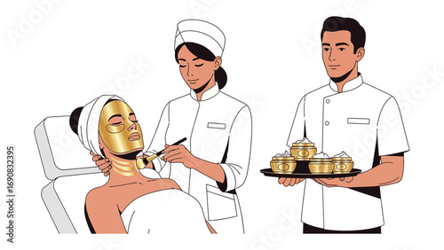 Skilled spa technician applies luxurious gold facial mask to relaxed client lying down with two assistants attending