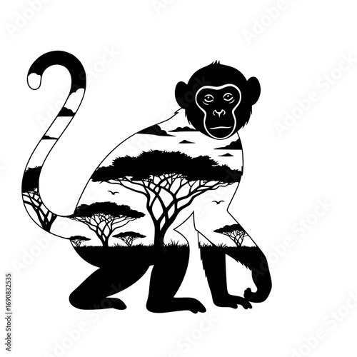 A serene monkey illustration depicts an African savanna landscape in a stylish artistic design. vector illustration