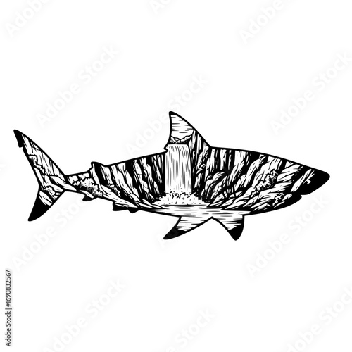 A unique illustration showcases a majestic shark silhouette, artfully portraying a cascading waterfall within its form, a breathtaking fusion of nature's power and artistry. vector illustration
