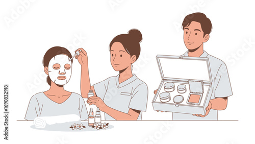 Skincare professional applying facial mask to client while colleague holds open cosmetic case with beauty products