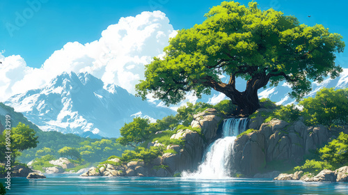Breathtaking, illustrative natural landscape featuring majestic ancient tree, cascading waterfall, serene river, and towering snow-capped mountains under bright blue sky with fluffy clouds.