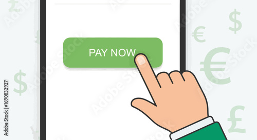 Online payment using a mobile device, hand clicking the pay now button, digital transaction
