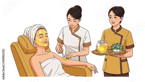 Relaxing spa treatment with a facial mask and aromatherapy oils being offered by attentive spa therapists in a serene wellness setting