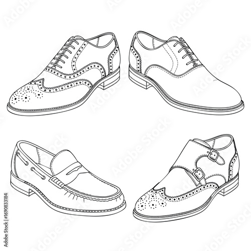A collection of classic mens formal shoes including brogues loafers and monk straps in a handdrawn line art illustration.
