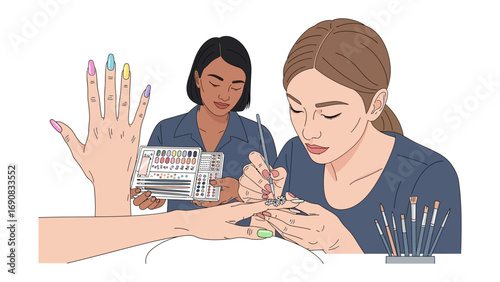 Skilled nail technician meticulously applying colorful nail polish to a client s fingernails in a bright salon setting