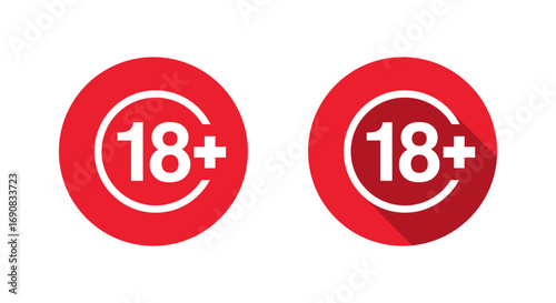Eighteen plus icon with long shadow. Age restriction warning sign. Adults only symbol