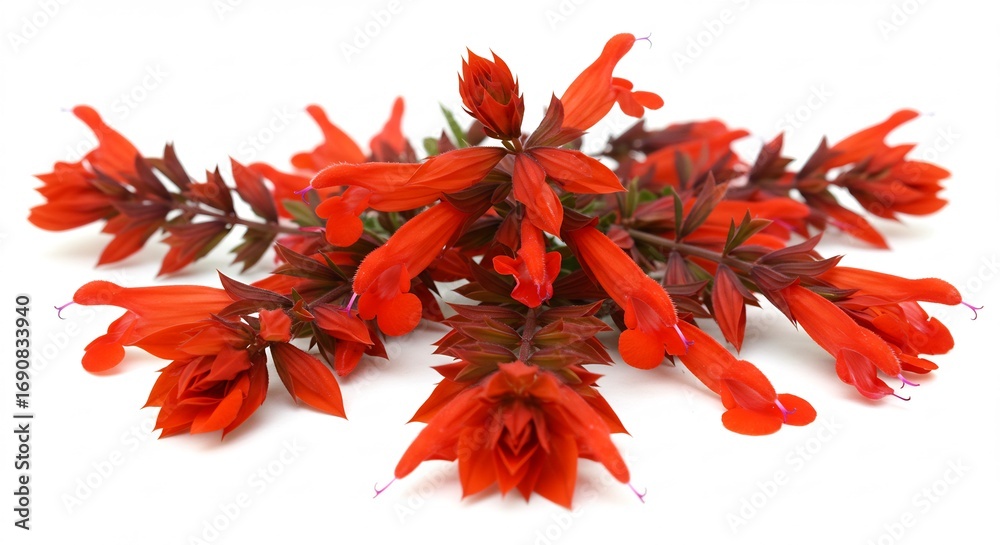 Obraz premium Vibrant red flowers beautifully arranged against a stark white background. AI Generated