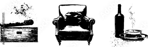 Grunge black and white set: cigar box, armchair, wine bottle, and coffee cup