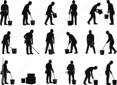 Construction worker silhouette with bucket mixing pouring tools building site labor black vector illustration industry man working material handling contractor engineering