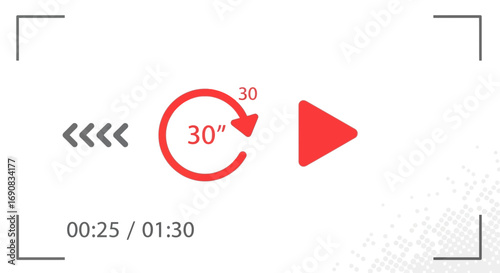 Red video interface with rewind function with a timer of 30 seconds for advertising purposes