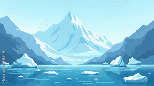 Serene glacial landscape featuring a majestic snow-capped peak reflected in calm, icy waters.