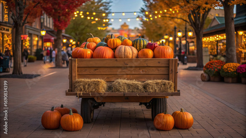 Wooden cart filled with pumpkins and hay bales in vibrant autumn market, surrounded by colorful trees and warm lights, creating festive atmosphere