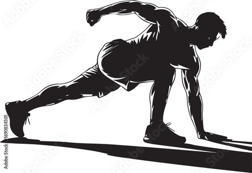 Dynamic fitness athlete silhouette performing an intense stretching exercise in a studio setting