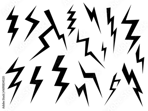 Lightning bolt icon. Flash symbol, thunderbolt, blitz lightnings strike sign. Electric energy black silhouettes, power concept. Vector icon set.