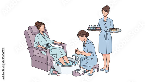 Relaxing spa treatment with a client receiving a pedicure while a professional therapist offers nail polish selection