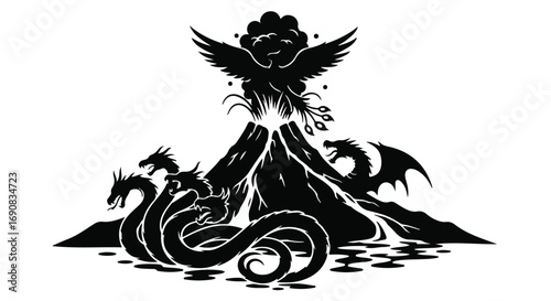 Mythical creature erupts from fiery volcano, surrounded by serpentine dragons.
