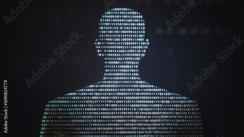 Human silhouette formed from binary numbers creates striking visual representation of technology and data. This evokes sense of digital transformation and innovation