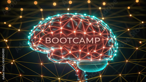 Digital brain network glowing with interconnected nodes, symbolizing knowledge and learning, highlighted by central word BOOTCAMP. This evokes sense of innovation and technology