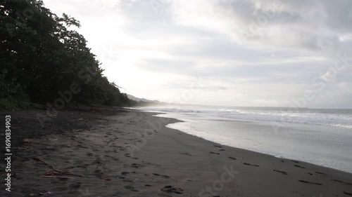Wallpaper Mural Serene beach landscape with gentle waves and lush greenery under a cloudy sky Torontodigital.ca