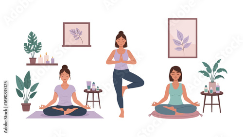 Three diverse women practicing yoga in a bright airy room with plants and artwork promoting wellness and mindfulness