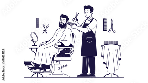 A skilled barber meticulously trims a client s beard with scissors and comb in a vintage barbershop setting