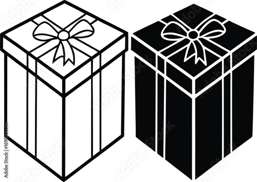 Two gift boxes one outlined and one filled in black with ribbons