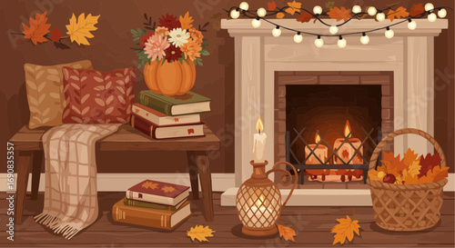 Cozy Autumn Living Room Interior with Fireplace and Books Illustration