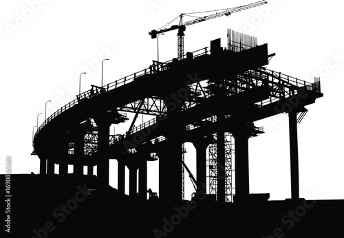 Bridge construction silhouette with cranes scaffolding elevated structure highway viaduct black vector illustration architecture building industry infrastructure engineering workers