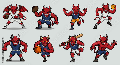 Red Devil Cartoon Characters with Angry Expressions and Pitchforks