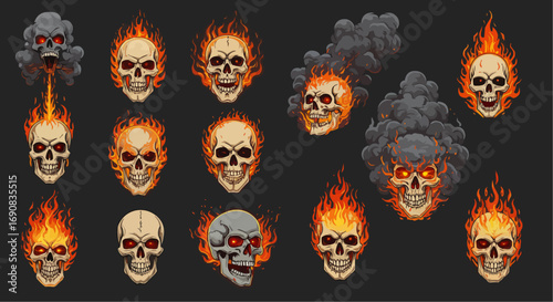 Flaming Skulls with Smoke – Evil Fire Skull Illustration Set