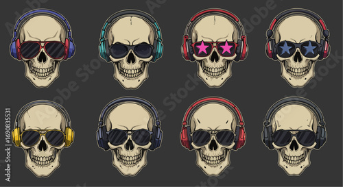 Skull Illustrations with Sunglasses and Grunge Style Vector