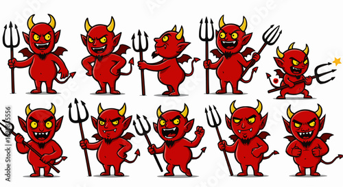 Cute Red Devils with Pitchforks Cartoon Vector Set