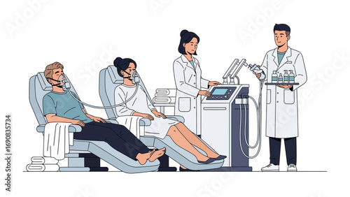 Medical professionals in white coats attending to patients in reclining chairs with advanced medical equipment in a modern clinic setting