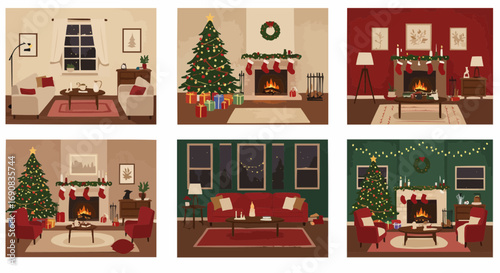 Christmas Living Room Interior with Tree, Fireplace, and Gifts