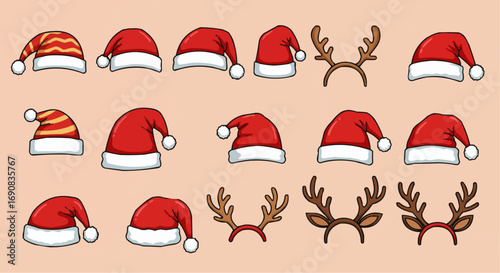 Christmas Santa Hats and Reindeer Antlers Vector Set
