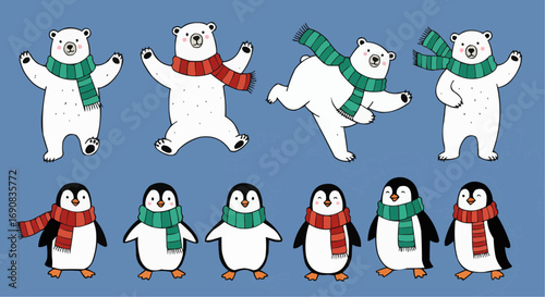 Cute Penguins and Polar Bear in Winter Clothes Cartoon Illustration
