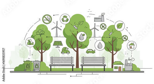 Sustainable cityscape illustration promoting environmental awareness and ecological balance in