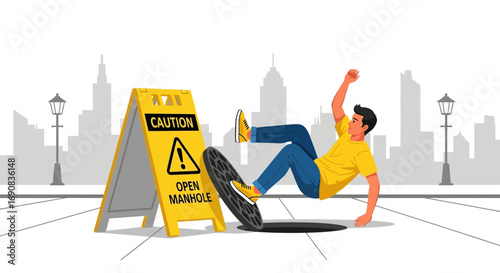 Unfortunate accident of a man falling into an open manhole in a city street background