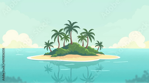 Cartoon island with palm trees in the ocean, reflecting in the water under a bright sky.