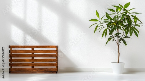 A small plant in a white pot sits on a white floor next to a wooden bench.