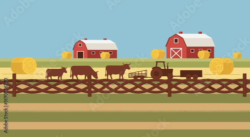 Vector illustration of a farm with animals, barns and hay bales rural scene