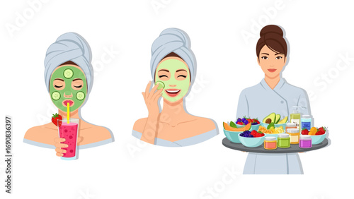 Three women enjoying a spa treatment with cucumber slices and face masks one holding a drink and another a tray of beauty products